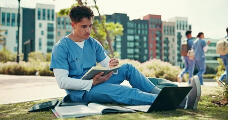 Aufkleber - Research, medical student and doctors or man with laptop outdoor for writing, healthcare resident and scholarship. Internship, university and assignment with person and notebook at hospital to study