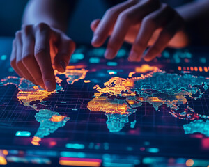 Poster - Corporate strategist analyzing digital world map for planning
