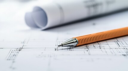 Poster - Close-Up of a Modern Orange Pen Resting on Architectural Blueprints with Rolled Plans in the Background Creating a Professional Work Environment