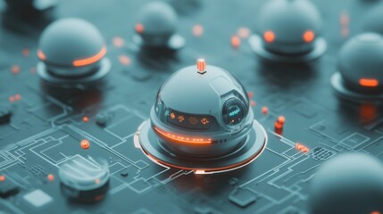 Poster - Futuristic Cybernetic Landscape with Glowing Orbs and Intricate Circuit Patterns in Digital Space for Technology and Innovation Themes