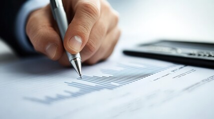 Poster - Business Professional Analyzing Financial Graphs and Data Trends with a Pen and Calculator in an Office Setting for Growth and Success