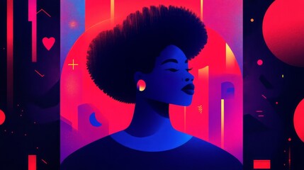 Poster - Vibrant Portrait of a Woman with Afro Hairstyle Against a Colorful Abstract Background Showcasing Bold Shapes and Bright Colors in Digital Art Style
