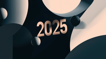 Poster - Sleek Minimalist Banner Featuring 2025 with Elegant Curves and Geometric Shapes in Soft Color Palette
