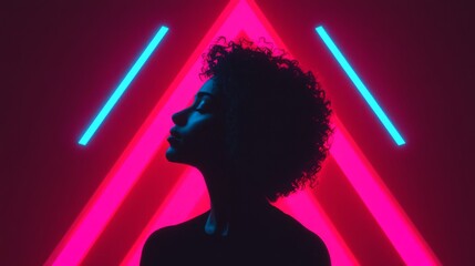 Poster - Artistic Silhouette of a Woman Against Neon Geometric Background with Vibrant Colors and Modern Design Elements for Fashion or Creative Projects