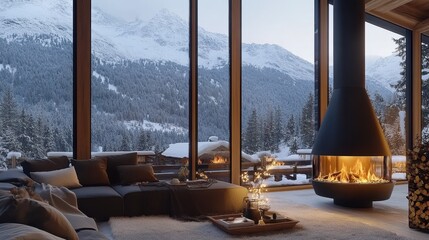 Wall Mural - Cozy living room with fireplace and stunning snowy mountain view. Perfect for websites, blogs, or articles about winter getaways, relaxation, or luxury homes.