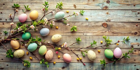 Wall Mural - Rustic Springtime Easter Decor with Colorful Eggs and Blossoming Branches