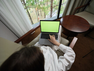 Canvas Print - A young woman working on a laptop in a cozy indoor setting, surrounded by natural light, showcasing focus and concentration in a modern style