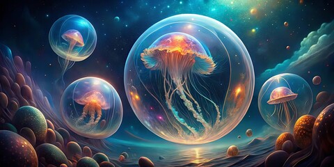 Wall Mural - cosmic jellyfish encapsulated in sparkling orbs, adrift in a universe of glowing stars and nebulas