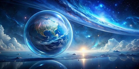 Wall Mural - a cosmic sphere envelops the earth, suspended in a vibrant expanse of celestial bodies, with a tranq