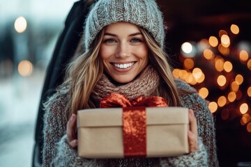 Wall Mural - Dressed in cozy knitwear, a smiling woman presents a wrapped gift with a sparkling ribbon, standing in a softly lit wintry environment full of cheer.