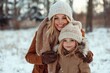 © Lens Legacy - In a snowy setting, a mother and daughter dressed for winter share a joyful moment together, highlighting love and togetherness amidst a peaceful landscape.