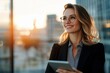 © Lens Legacy - Elegant woman with stylish glasses and a tablet smiles confidently against a backdrop of city buildings during a sunset, embodying modern business success.