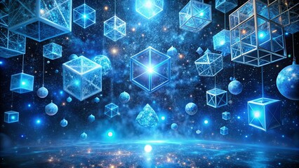 Wall Mural - a celestial dance of glowing geometric shapes, suspended in a cosmic expanse, each piece a window to