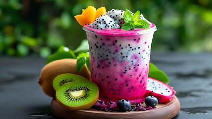 Wall Mural - Delicious Dragon Fruit Smoothie with Kiwi and Blueberry. Healthy summer drink concept.