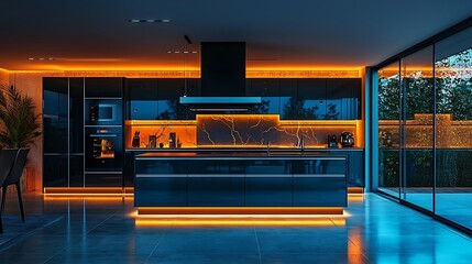 Wall Mural - A luxurious high-tech kitchen with digital touch panels, controlling the oven, refrigerator, and lighting, seamlessly blending technology with