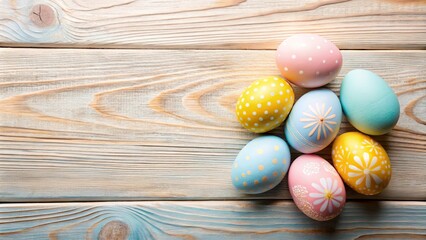 Wall Mural - Pastel Easter eggs arranged on a wooden surface
