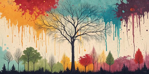 Poster - A painting of a tree with a rainbow background