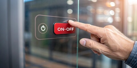 Poster - A person is pointing at a red button that says 