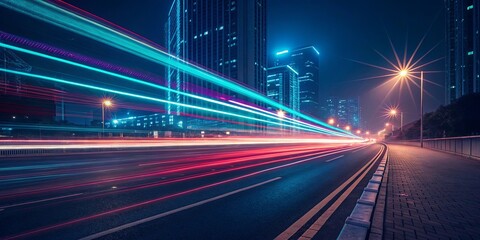 Poster - A city street at night with a bright light shining on the road