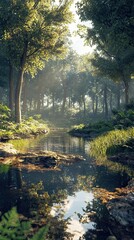 Poster - Sunlit Stream Flows Through Lush Green Forest