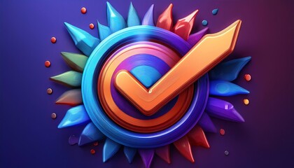 Poster - A vibrant, colorful emblem featuring a large checkmark in the center, surrounded by spiky shapes and gradient colors, symbolizing approval or completion.