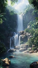 Wall Mural - Serene Waterfall Cascading Through Lush Tropical Jungle