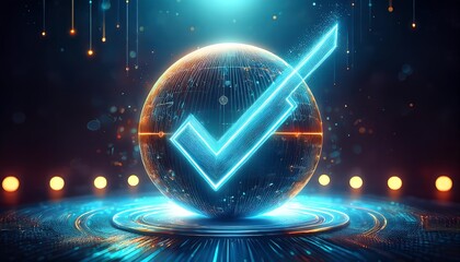 Poster - a glowing blue check mark is superimposed on a digital sphere, surrounded by glowing lights, symboli