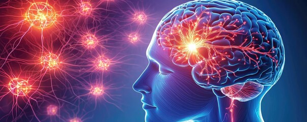 Poster - Stroke disease idea. An artistic representation of human brain activity and neural connections, vibrant and colorful.