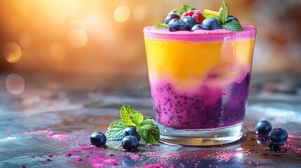 Wall Mural - Layered smoothie with mango, blueberry, raspberry, and chia seeds in a glass.