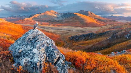 Wall Mural - Majestic mountain panorama at sunset, a bird perched on a rock amidst autumnal colors.