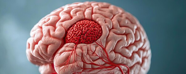 Poster - Stroke disease idea. Detailed close-up of a human brain showcasing intricate structures and blood vessels.