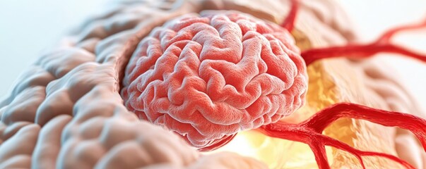 Poster - stroke disease idea. detailed illustration of a human brain with vascular structures for educational