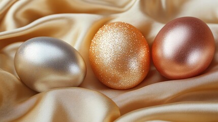 Poster - Elegant Metallic Eggs resting on Luxurious Golden Satin Fabric
