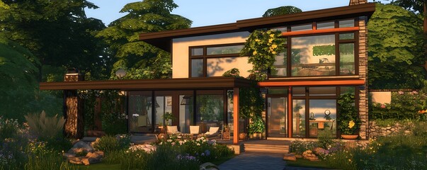 Sticker - Eco-friendly home design with abundant natural light and earthy materials.