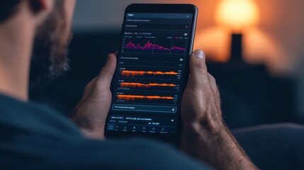 Poster - A person analyzing data on a smartphone with colorful graphs and charts, reflecting a modern digital environment.