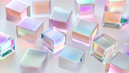 Poster - Iridescent glass cubes scattered on white background.