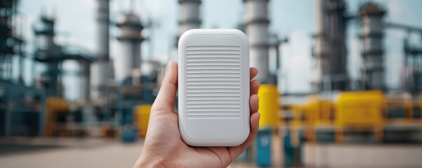 Poster - a hand holds a sleek white device against an industrial backdrop, emphasizing technology amidst a re