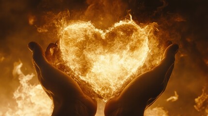 Aufkleber - Fiery Heart in Hands Blur Background