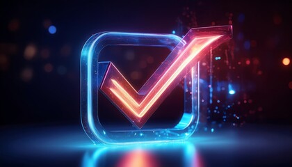 Poster - A vibrant, glowing checkmark icon symbolizes approval and success, set against a dynamic, digital background.