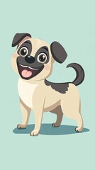 Wall Mural - Happy Pug Puppy Standing On Light Blue Background