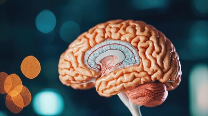 Poster - Depression disease concept. Close-up of a human brain with vibrant colors and bokeh effects in the background.