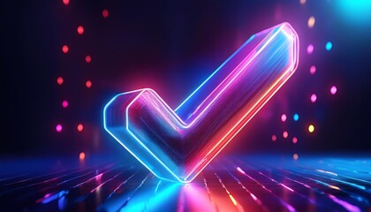 Poster - A vibrant, glowing 3D checkmark symbol surrounded by colorful lights on a dark background, conveying a sense of confirmation and positivity.