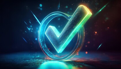 Poster - A vibrant, glowing check mark symbolizing approval, set against a dynamic background with colorful sparks and light effects.