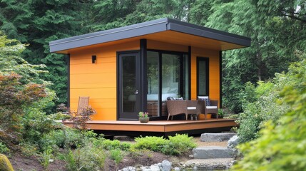 Poster - Modern orange cabin surrounded by lush green trees and plants