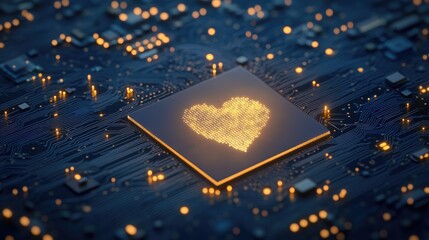 Poster - Heart Symbol Illuminated on Microchip with Circuit Board Background