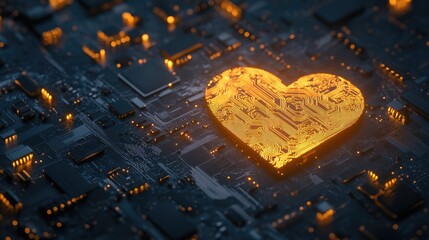 Poster - Golden Heart Shape Circuit Board on Dark Technology Background