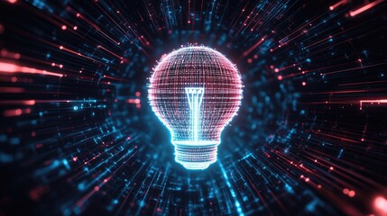 Poster - Glowing Digital Light Bulb in a Stream of Colorful Particles