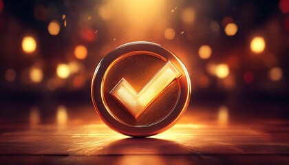 Poster - A glowing checkmark symbol on a circular coin, set against a blurred, warm background, evokes a sense of approval and success.