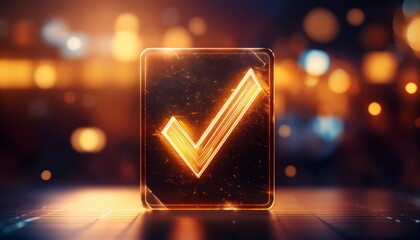 Poster - A glowing check mark icon against a blurred background, symbolizing approval, success, or completion, illuminated by warm, ambient lighting.