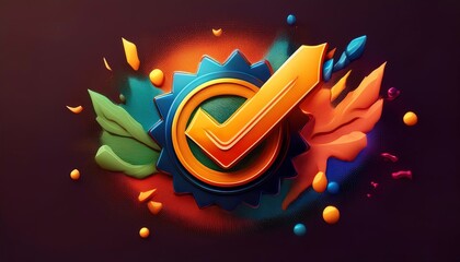 Poster - A vibrant, stylized badge featuring a checkmark, surrounded by colorful leaves and abstract shapes, symbolizing approval and achievement.